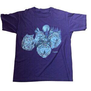 Vintage Purple Wolf Graphic T-Shirt Canada Design Cotton Blend Large Fit SINGLE